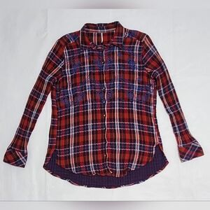 Womens FREE PEOPLE Magical Red Plaid Embroidered Button Down Flannel Size S